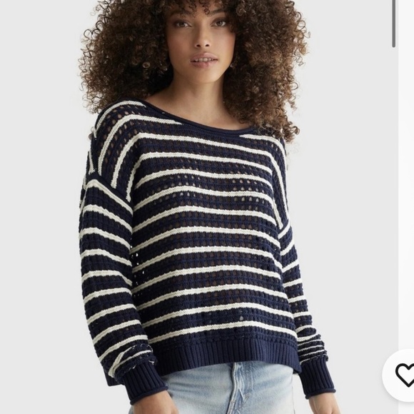 New Lucky Brand Sweater Pointelle Knit Navy Blue/White Stripe Women’s Size M - Picture 2 of 12